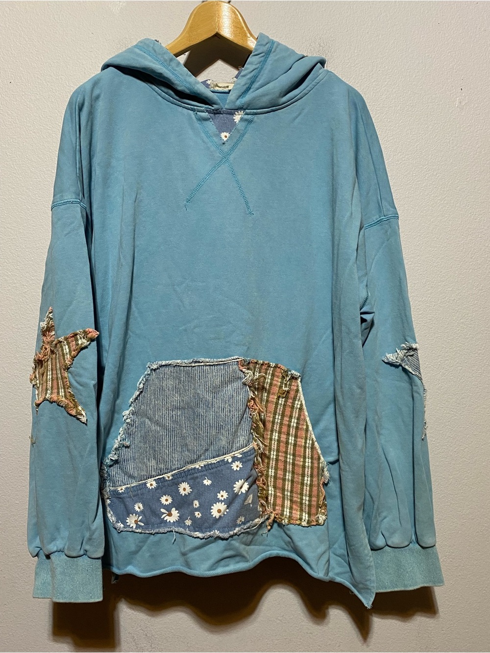 Blue Velvet Denim Patchwork Oversized Hoodie Boho Grunge Women’s Medium